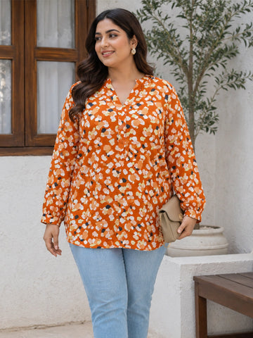 Orange abstract print moss crepe shirt