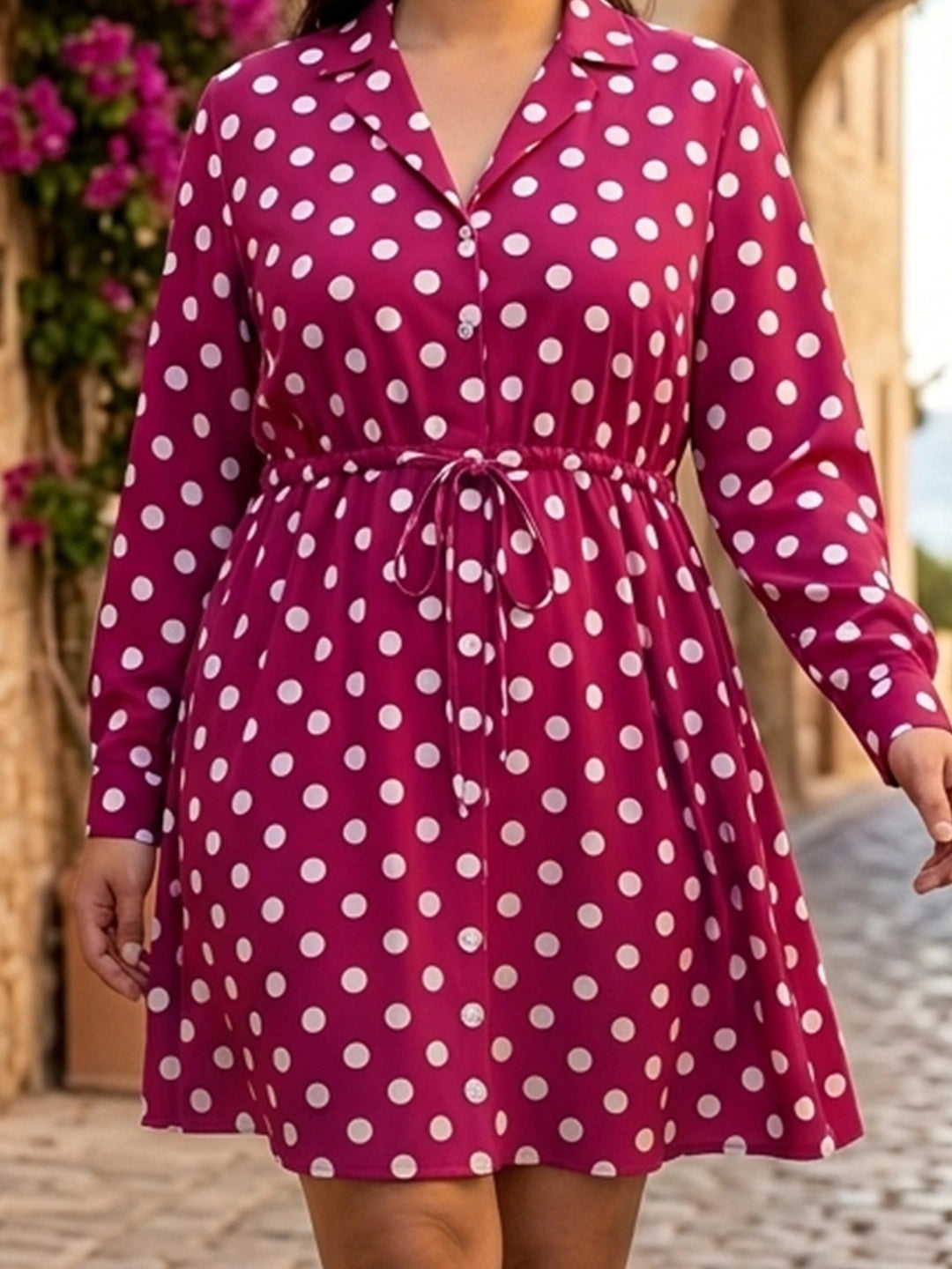Magenta polka collared fit & flare dress