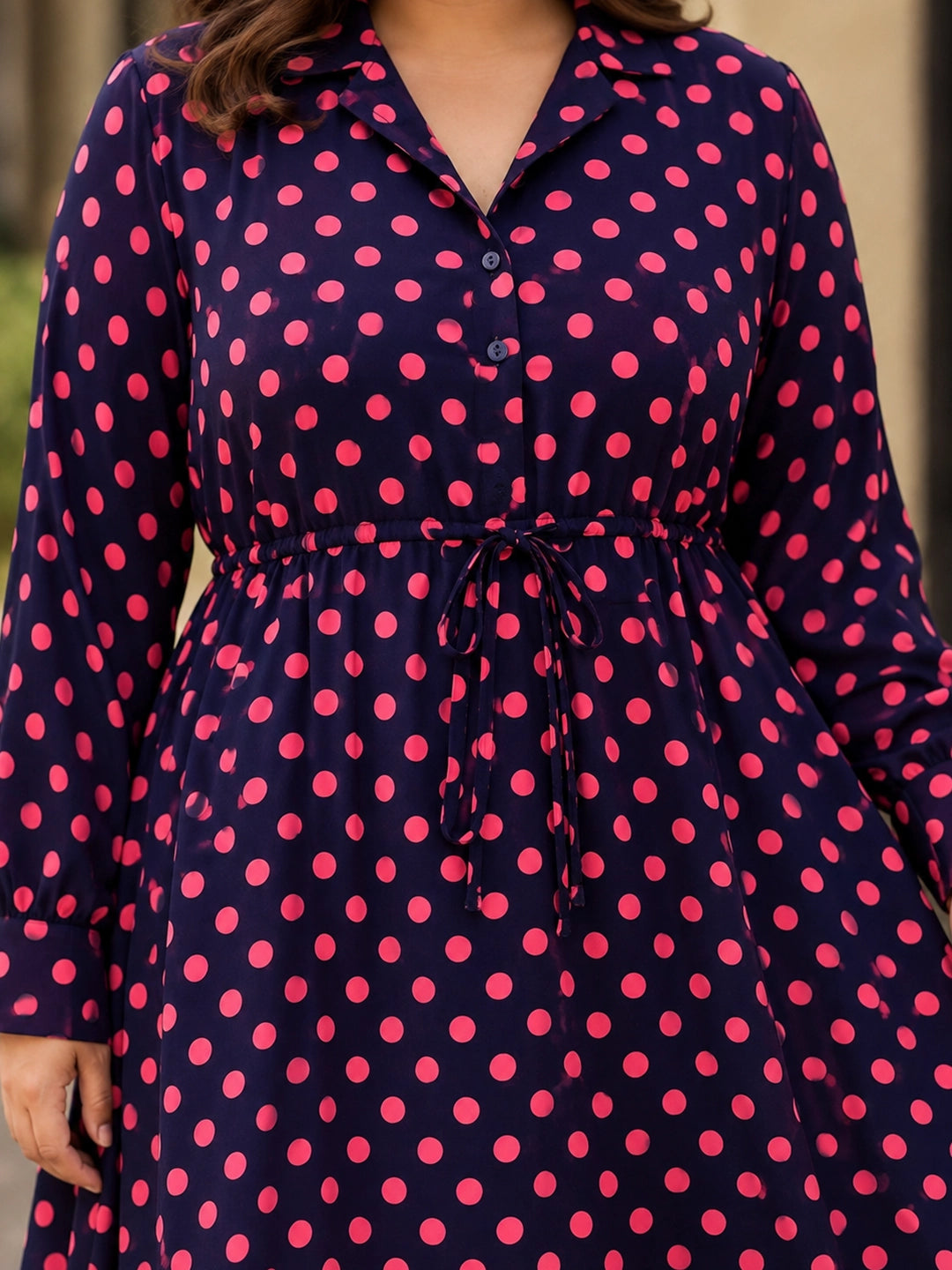 Navy and pink polka collared fit & flare dress