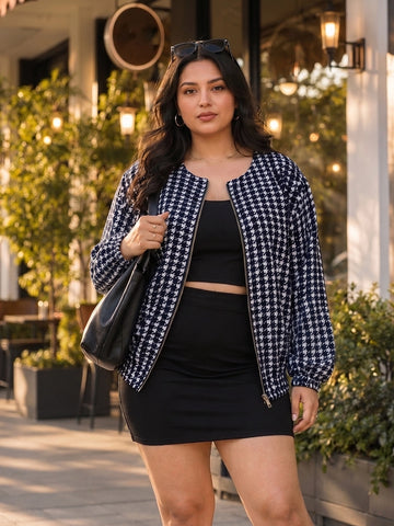 Navy houndstooth balloon jacket
