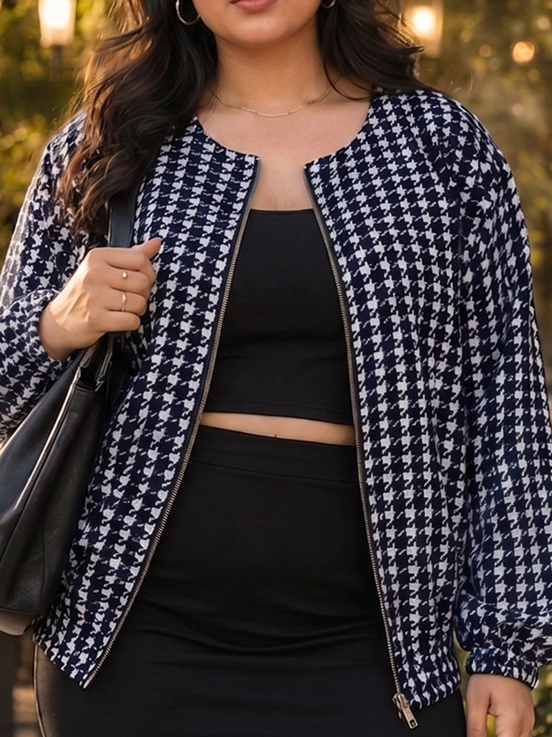 Navy houndstooth balloon jacket