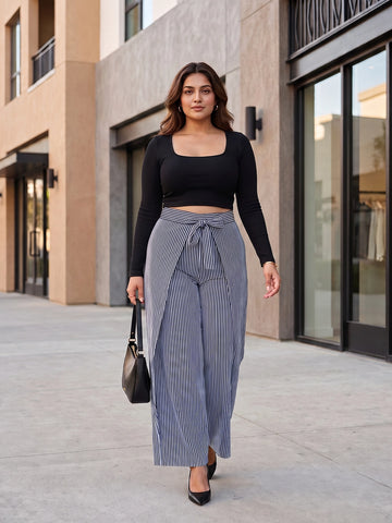 Dark Navy Stripe Crepe Wrap Around Palazzo