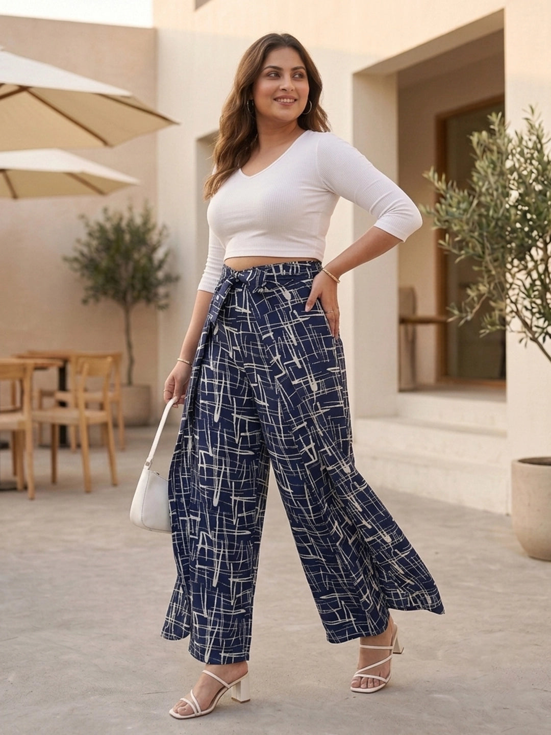 navy check crepe palazzo — back view