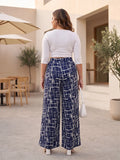 navy check crepe palazzo — close-up detail