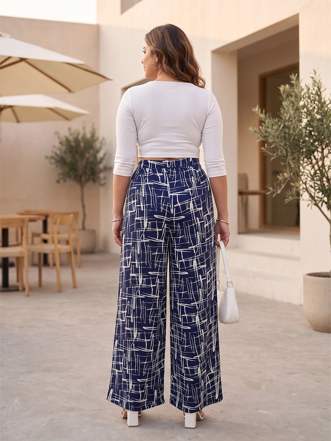 navy check crepe palazzo — close-up detail