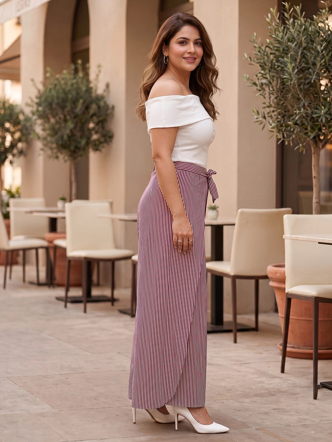 red stripe crepe palazzo — back view