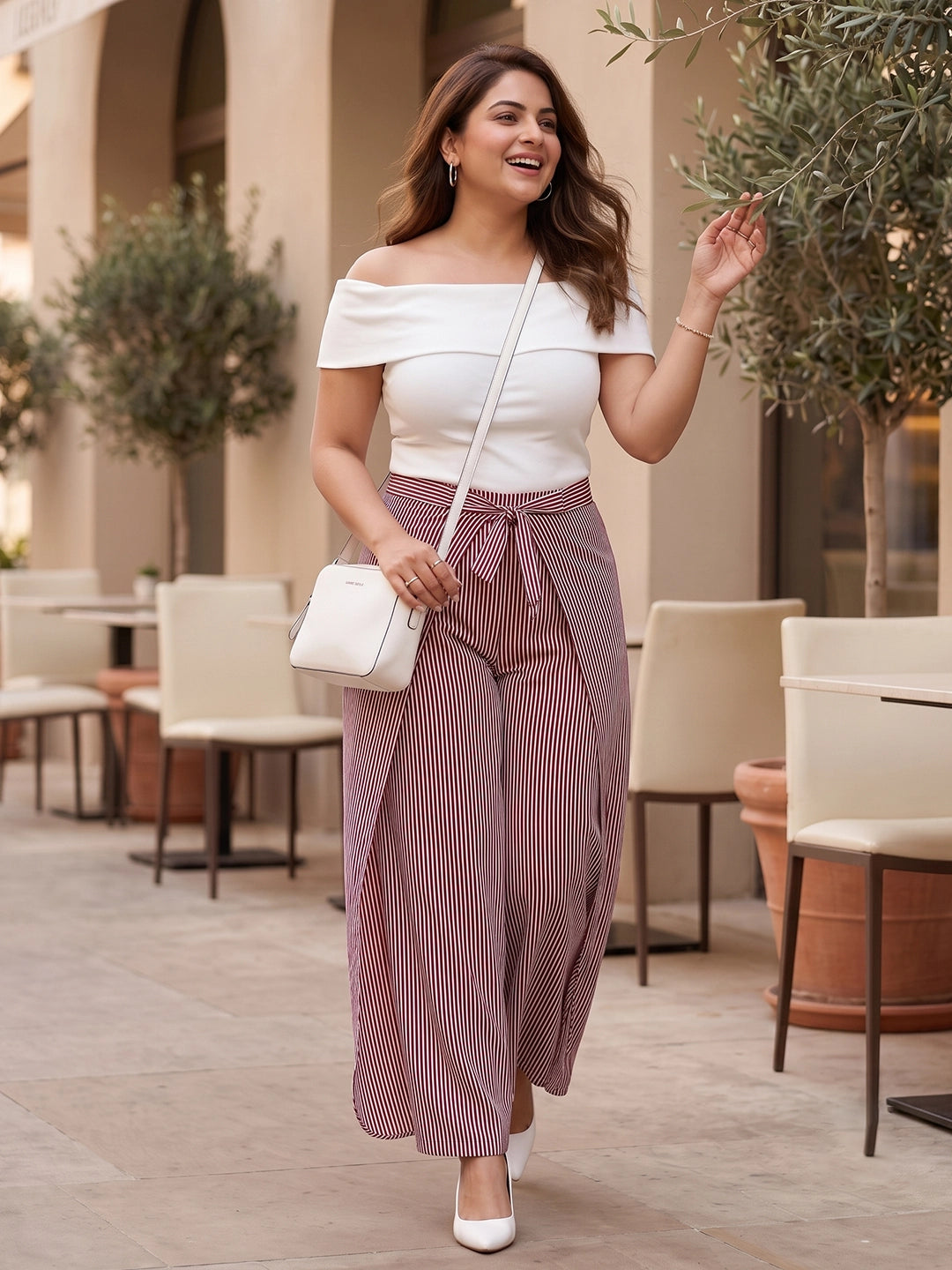 red stripe crepe palazzo — styled look