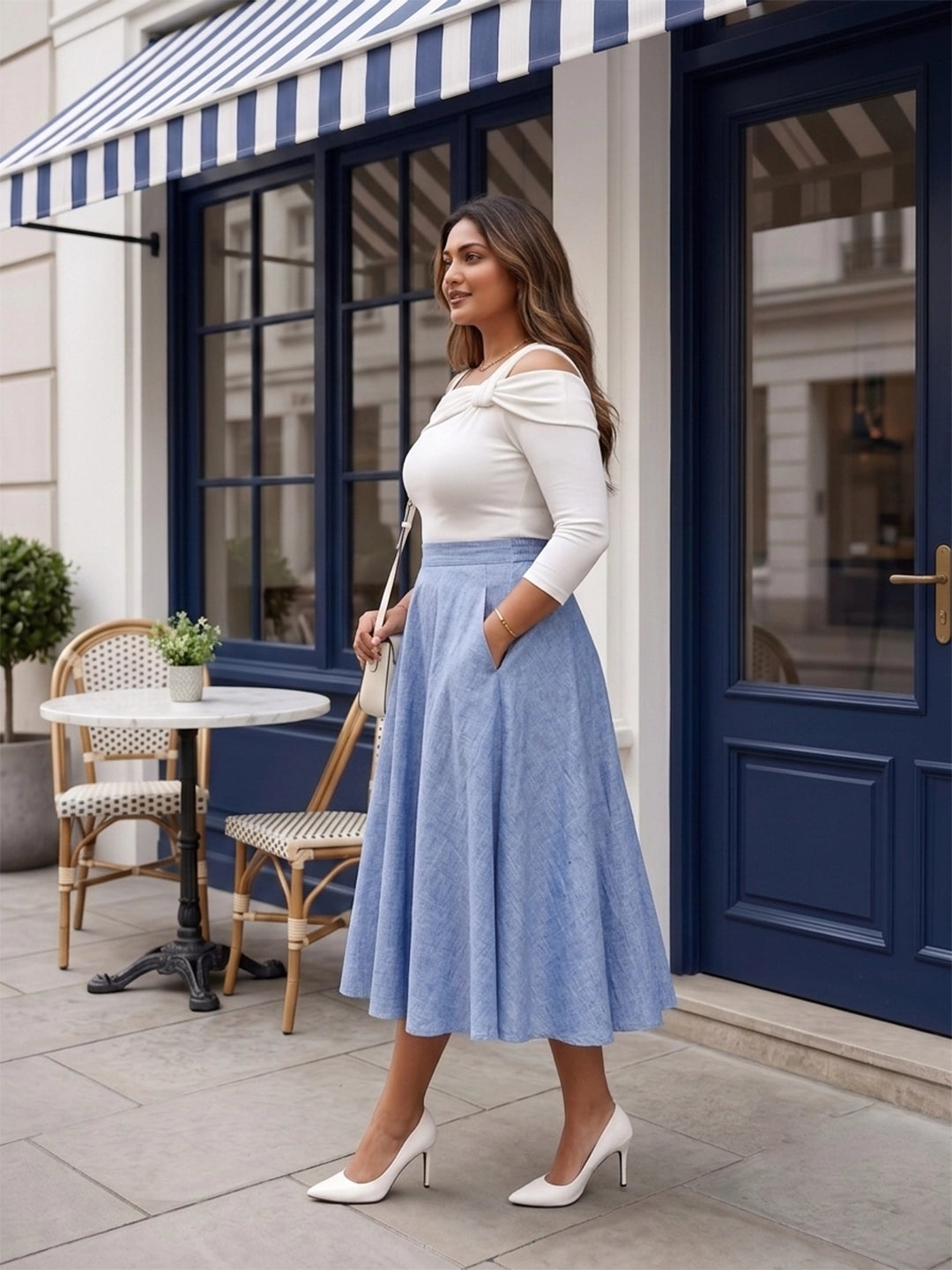 blue linen skirt — back view