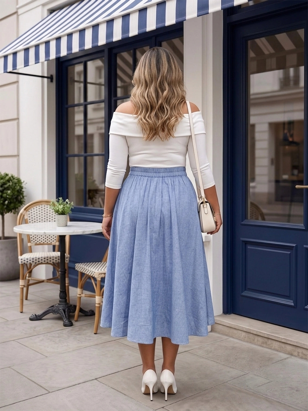 blue linen skirt — close-up detail