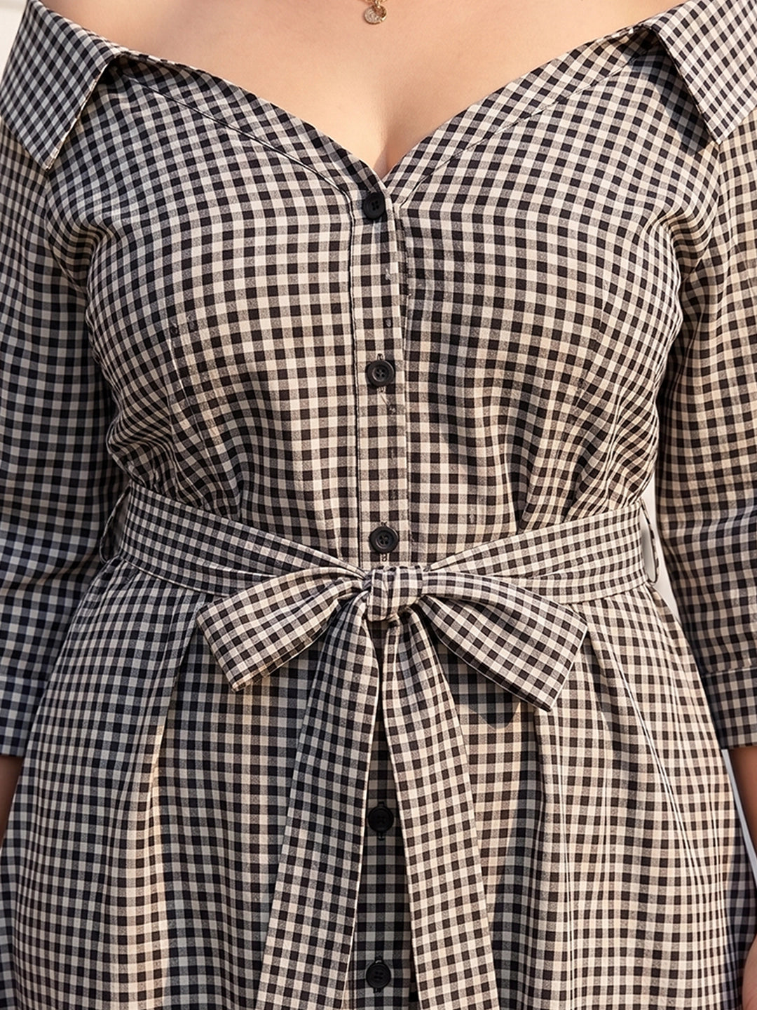 Black gingham wide collared dress with belt