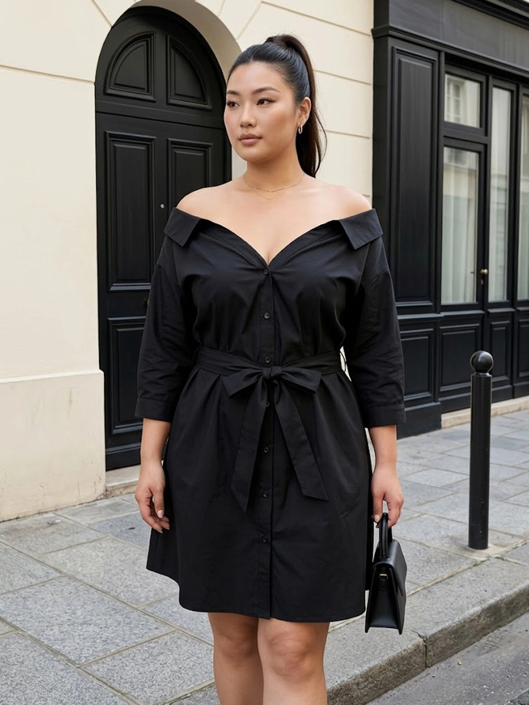 Black poplin wide collared dress with belt