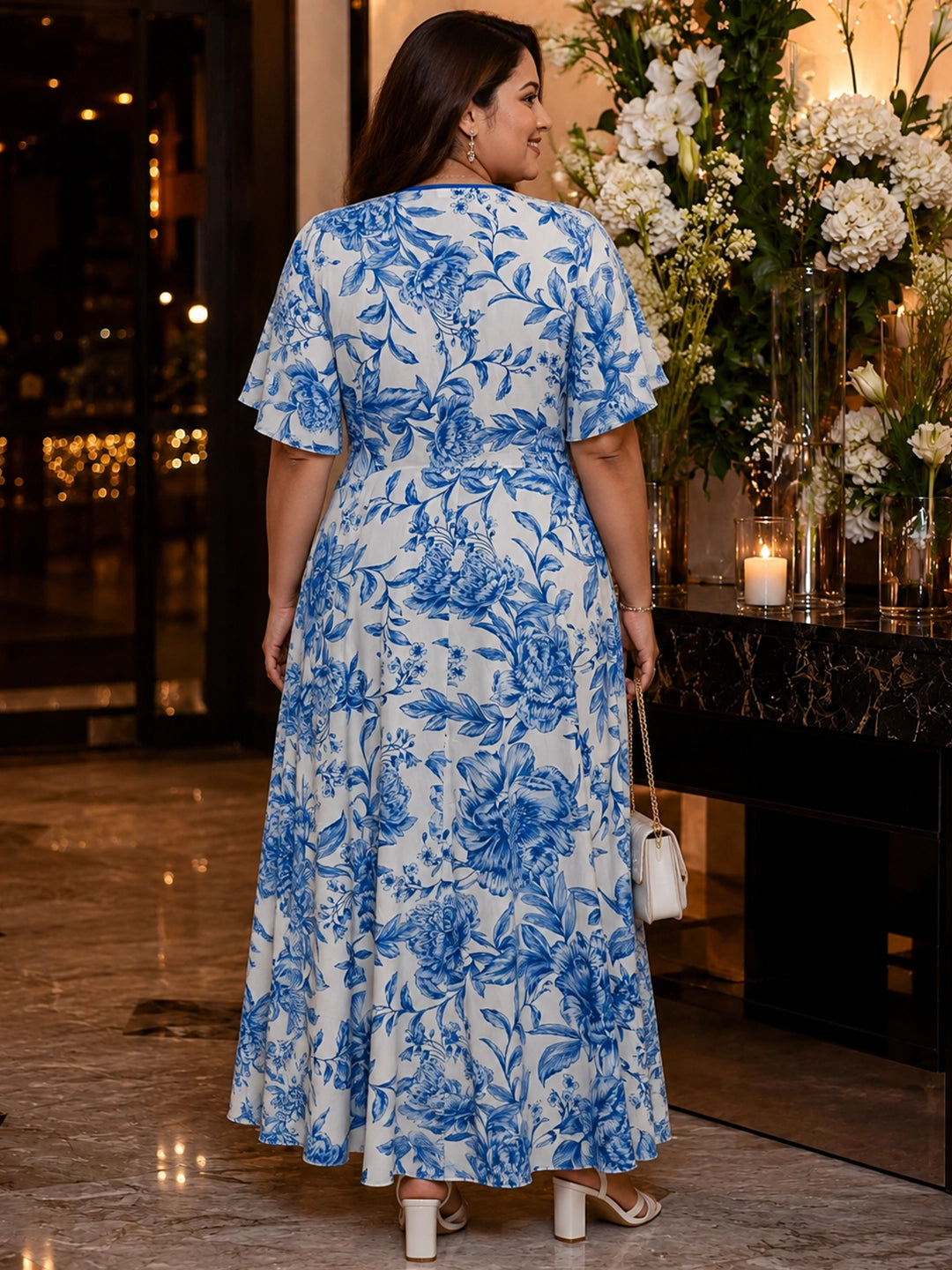 blue floral rayon dress — close-up detail