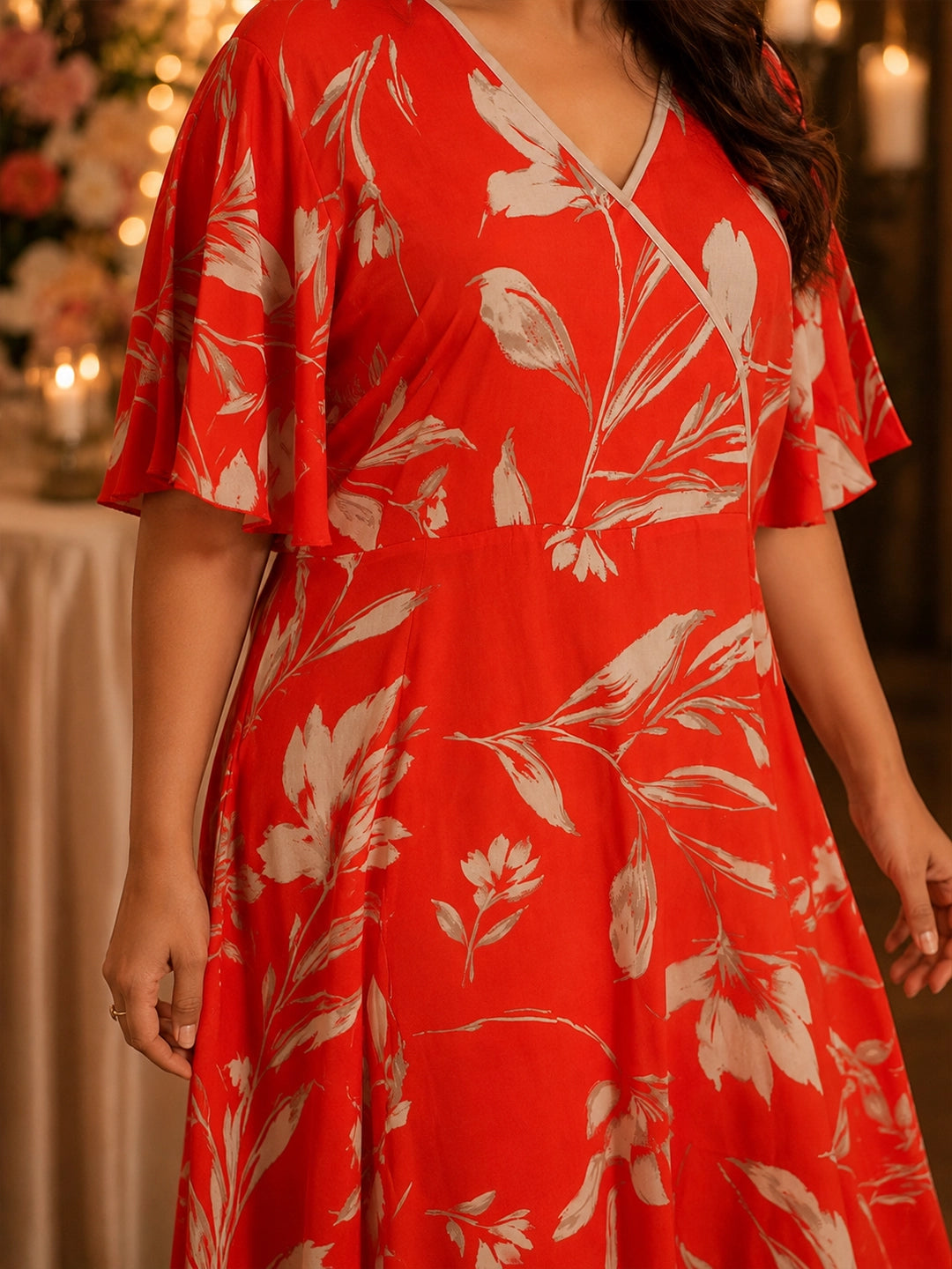 Red floral wrap A-line dress