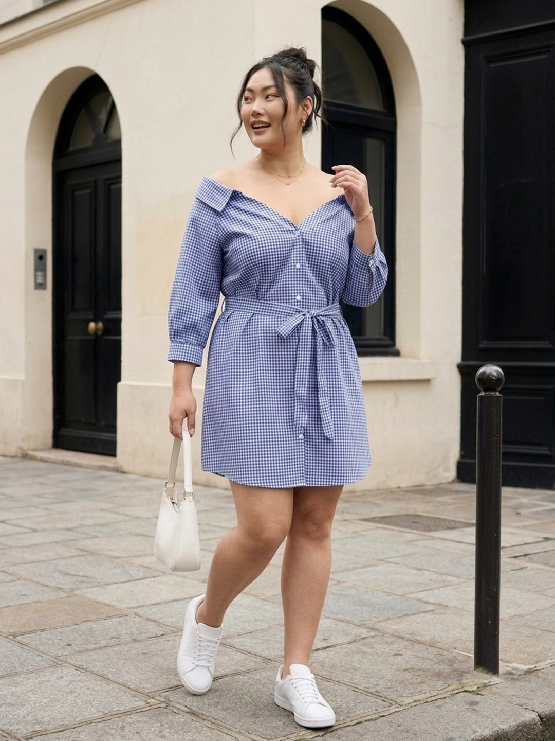 blue check cotton dress — styled look