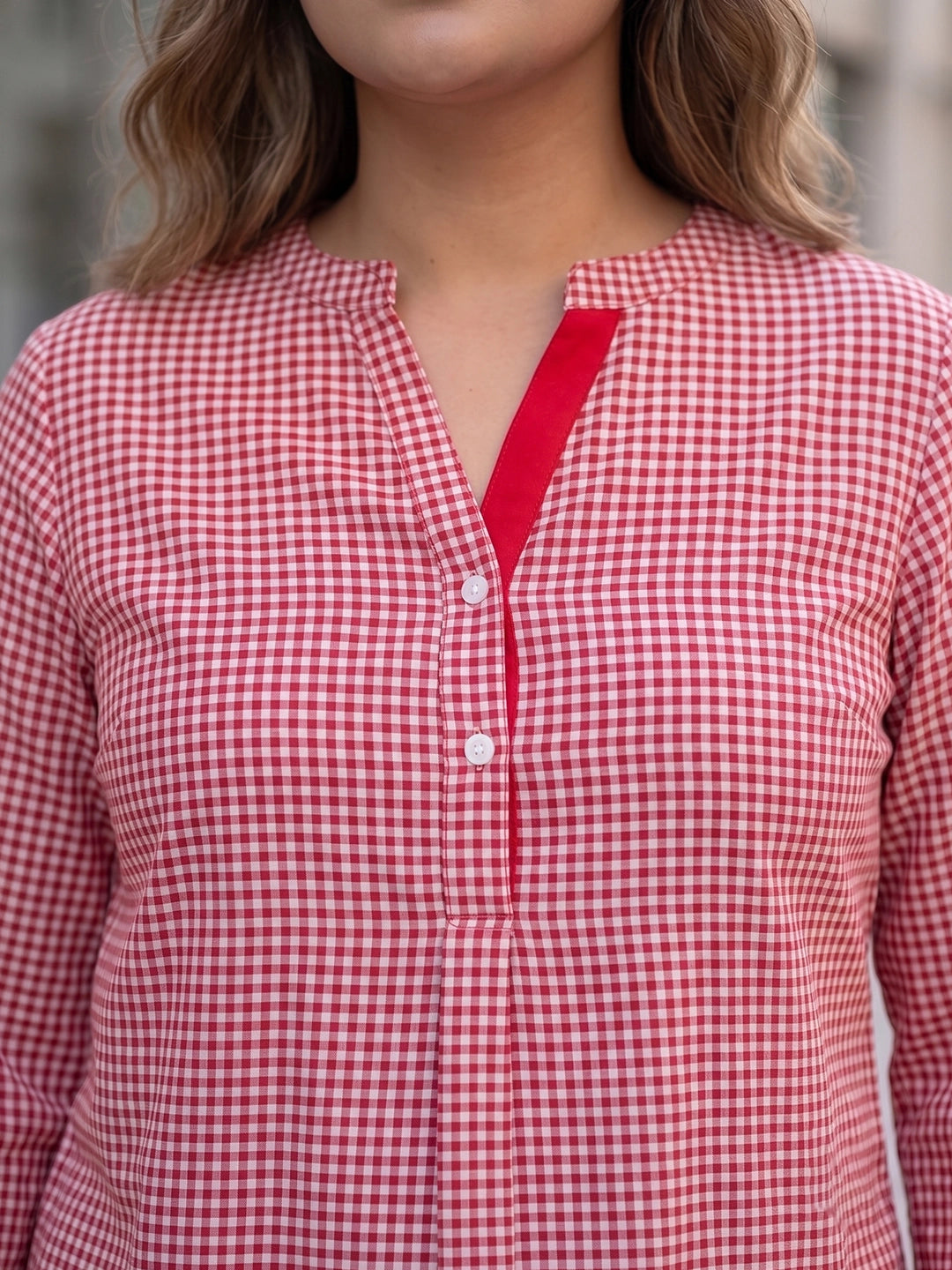 Red gingham mandarin collar shirt