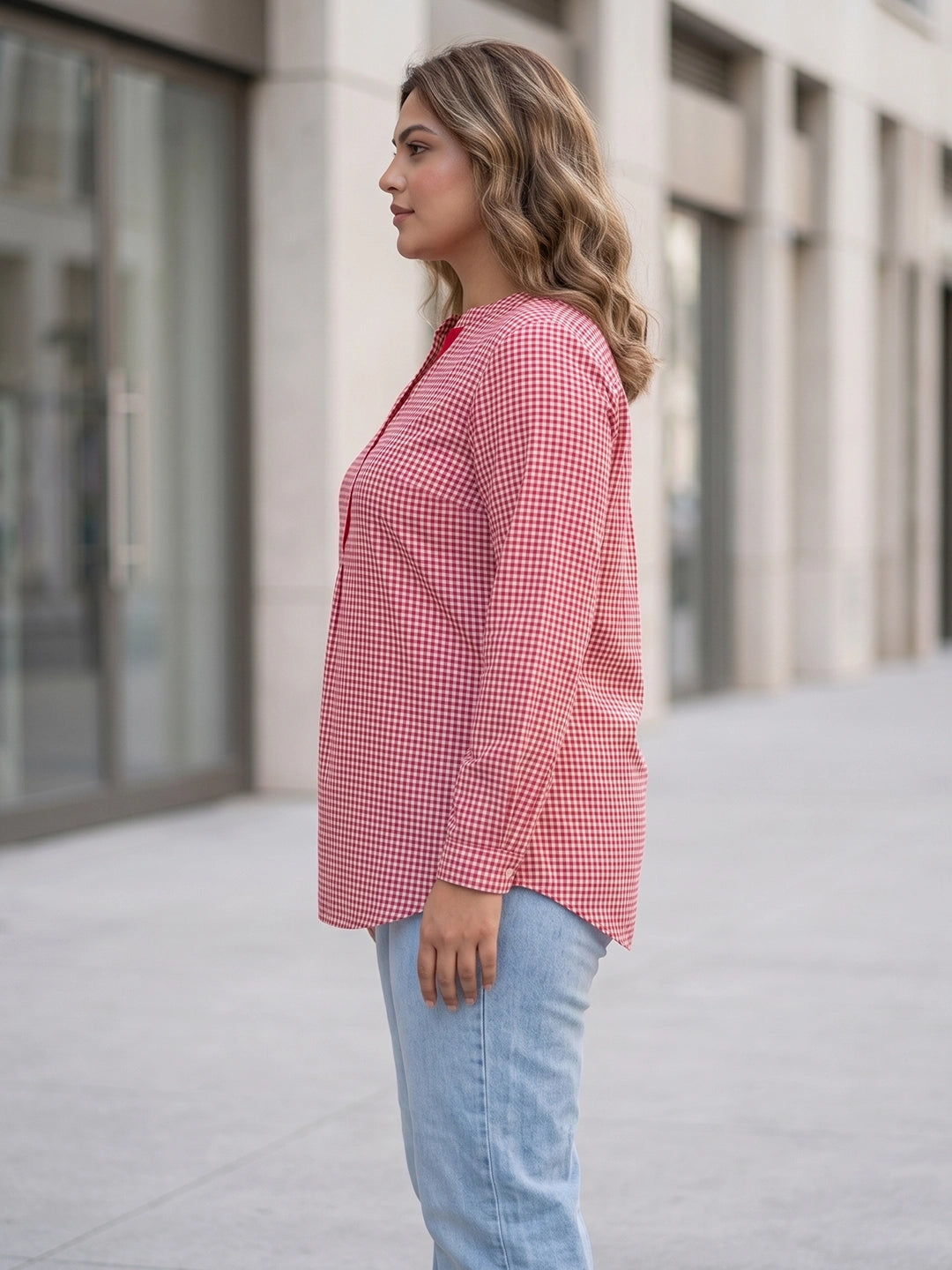 red check cotton shirt — back view
