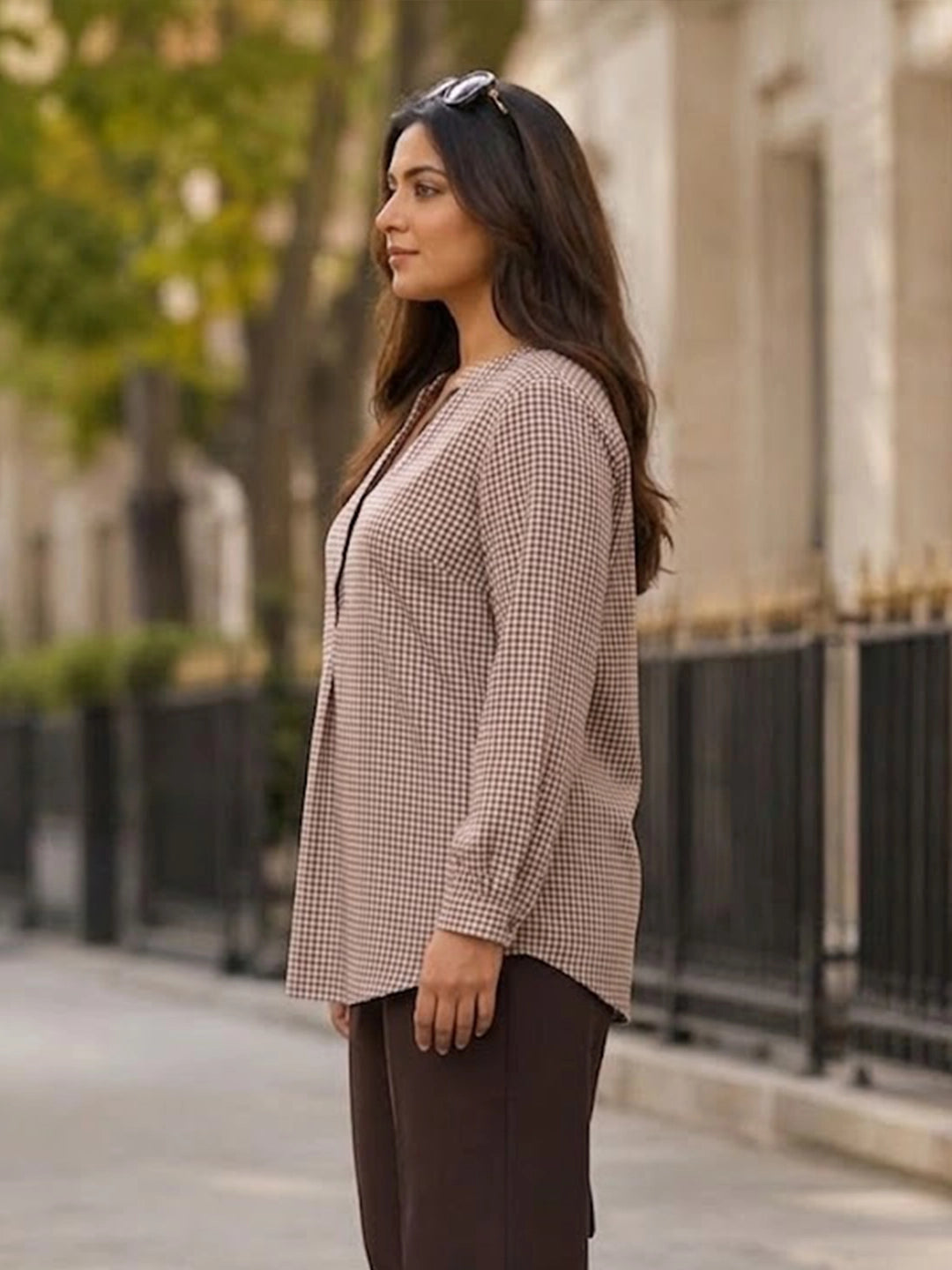 brown check cotton shirt — back view