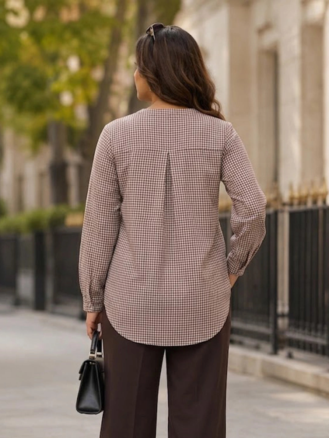 brown check cotton shirt — close-up detail
