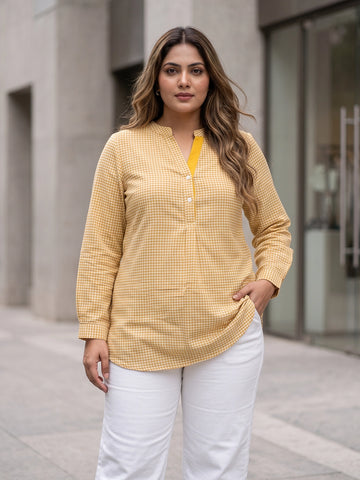 Yellow gingham mandarin collar shirt