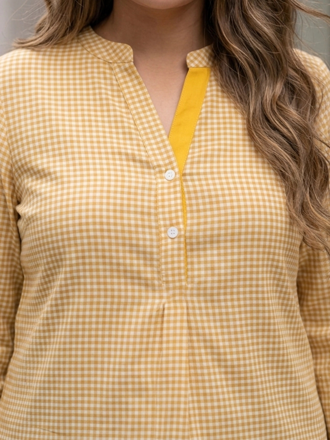 Yellow gingham mandarin collar shirt