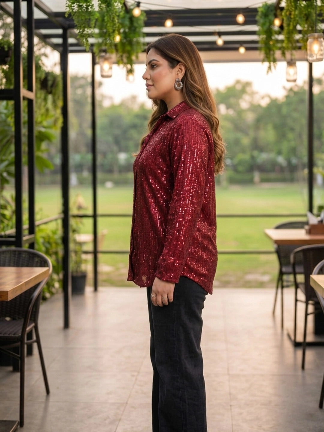 maroon sequence sequin shirt — back view