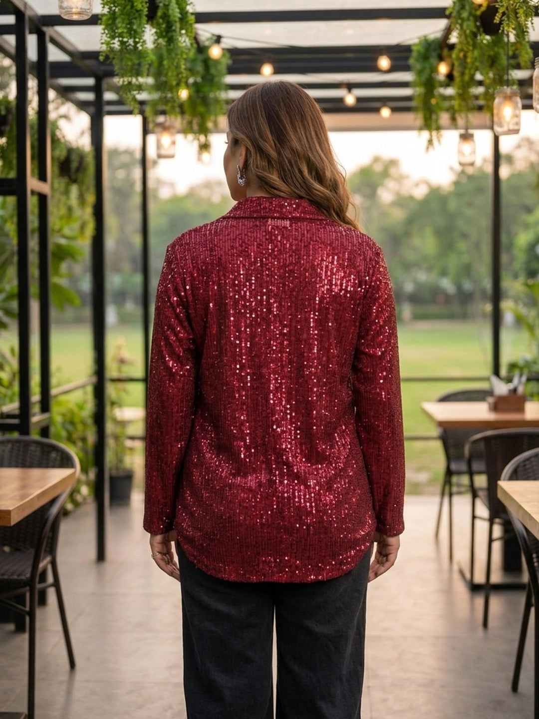 maroon sequence sequin shirt — close-up detail