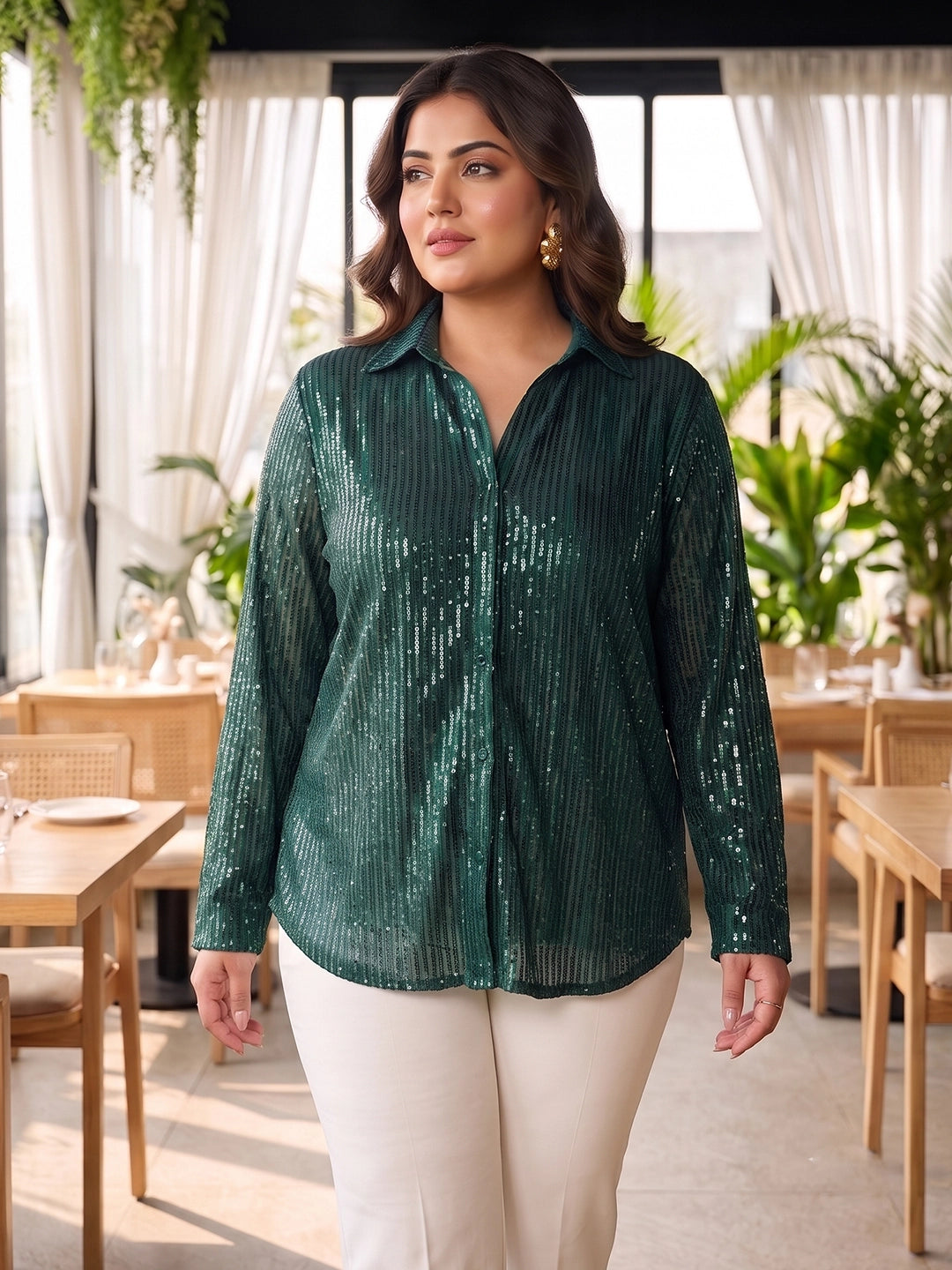 bottle green sequence sequin shirt for women in sizes XXS to 5XL