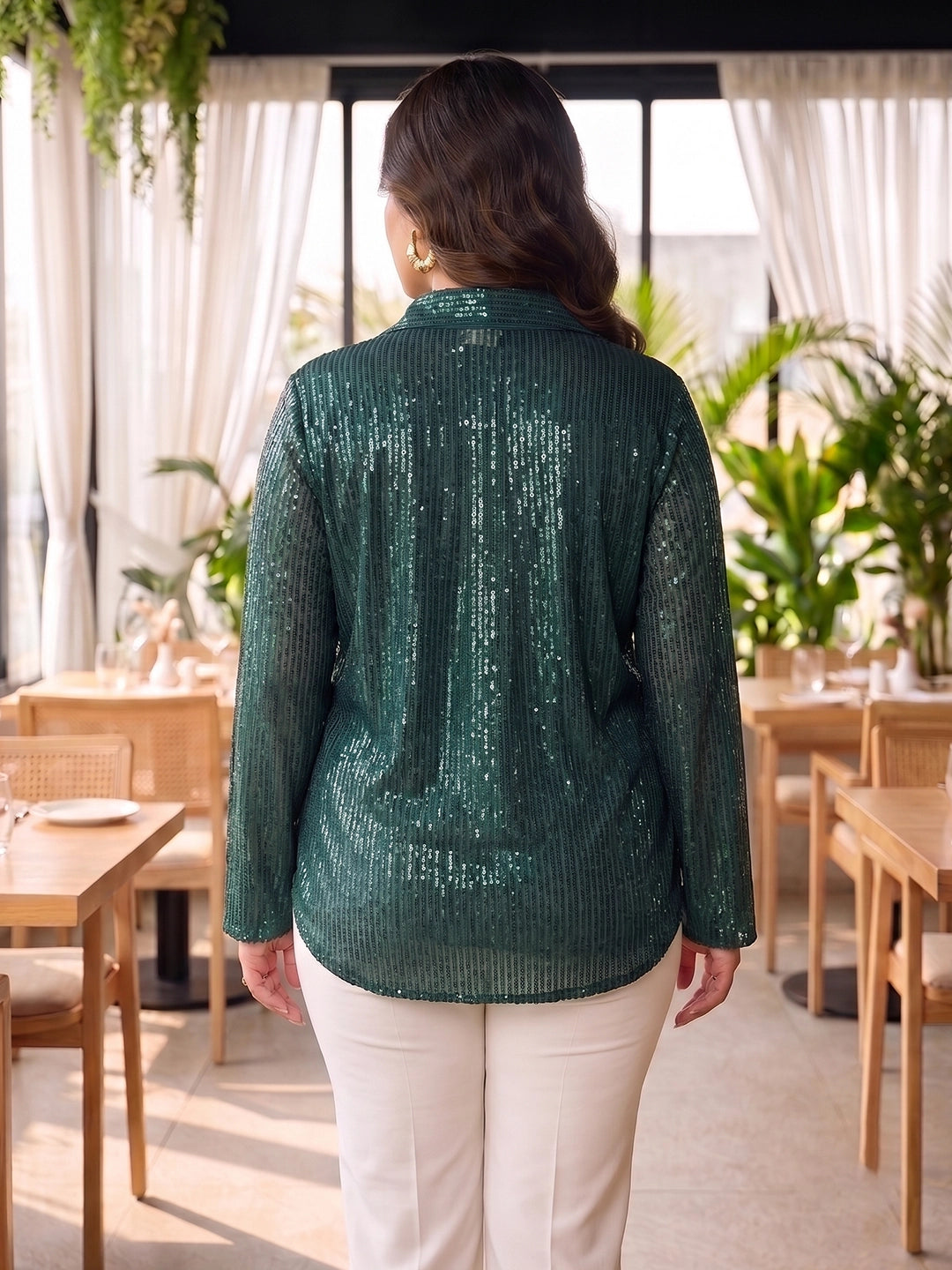 bottle green sequence sequin shirt — close-up detail