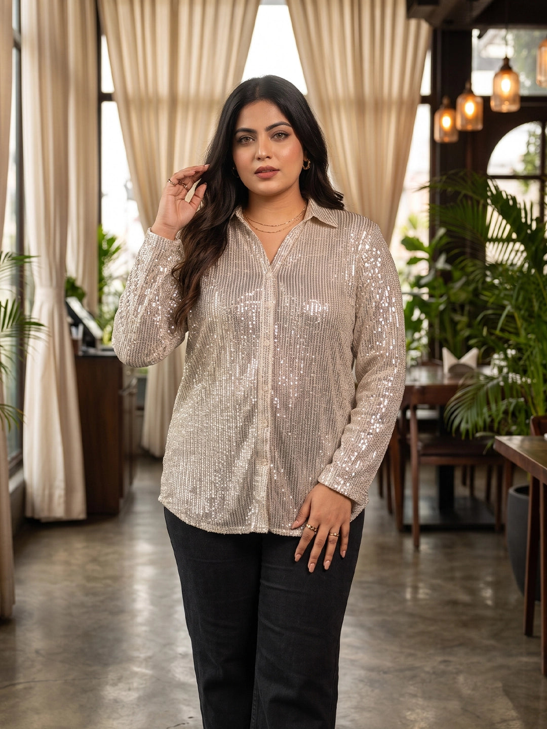 beige sequence sequin shirt for women in sizes XXS to 5XL