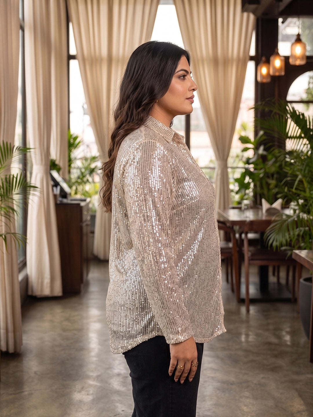 beige sequence sequin shirt — back view