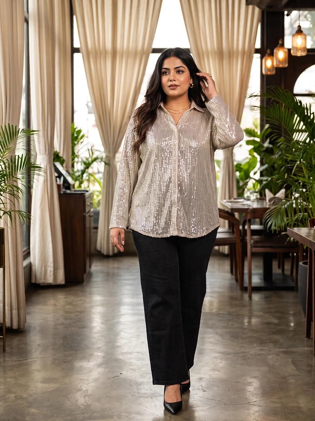 beige sequence sequin shirt — styled look