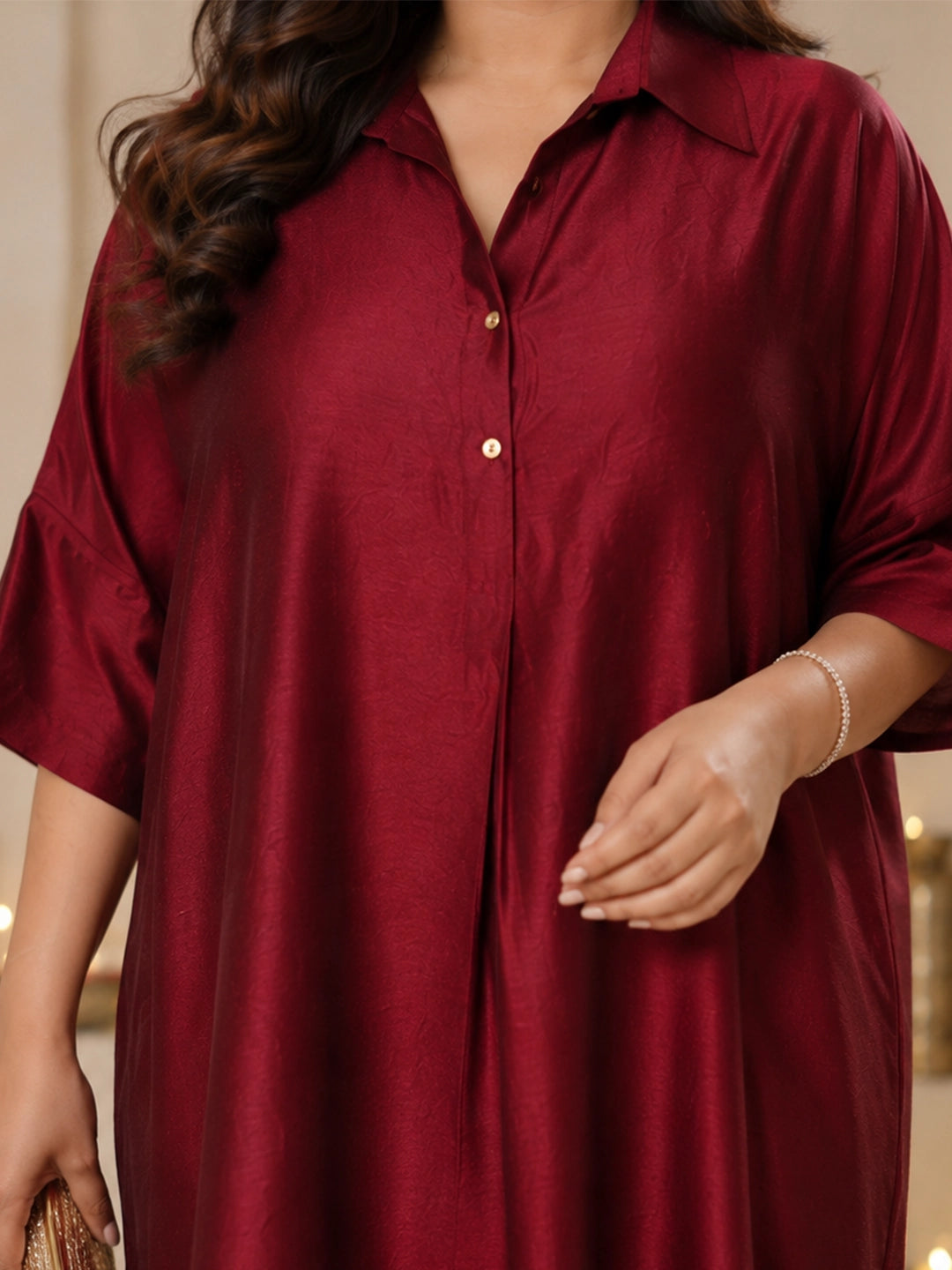 Maroon silk blend collared dress