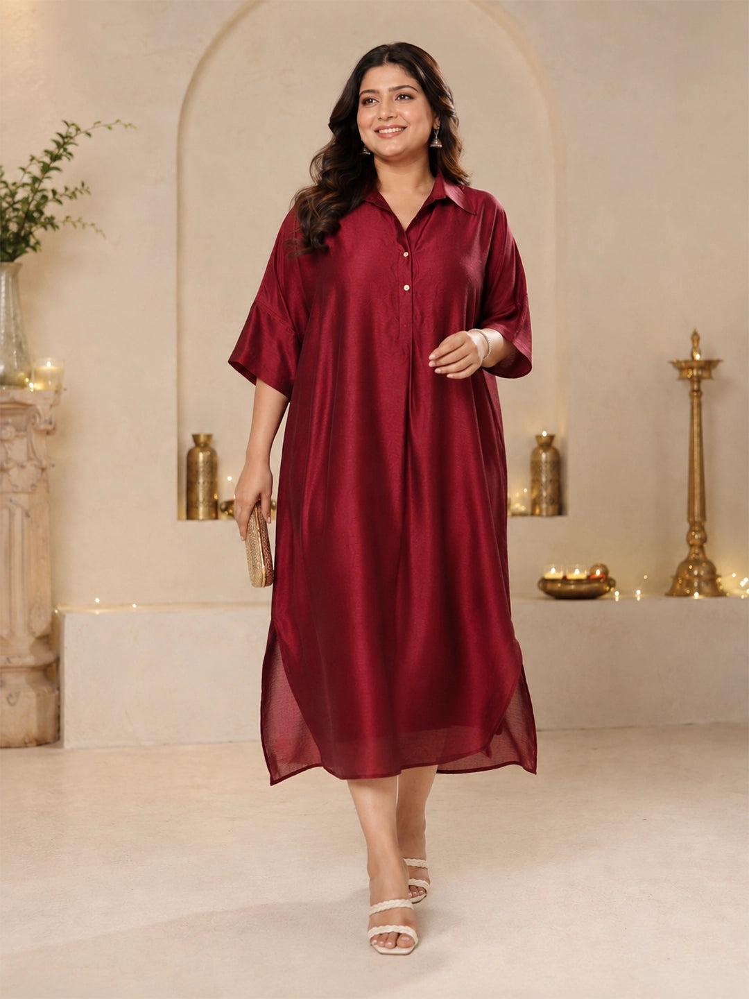 maroon silk dress — styled look