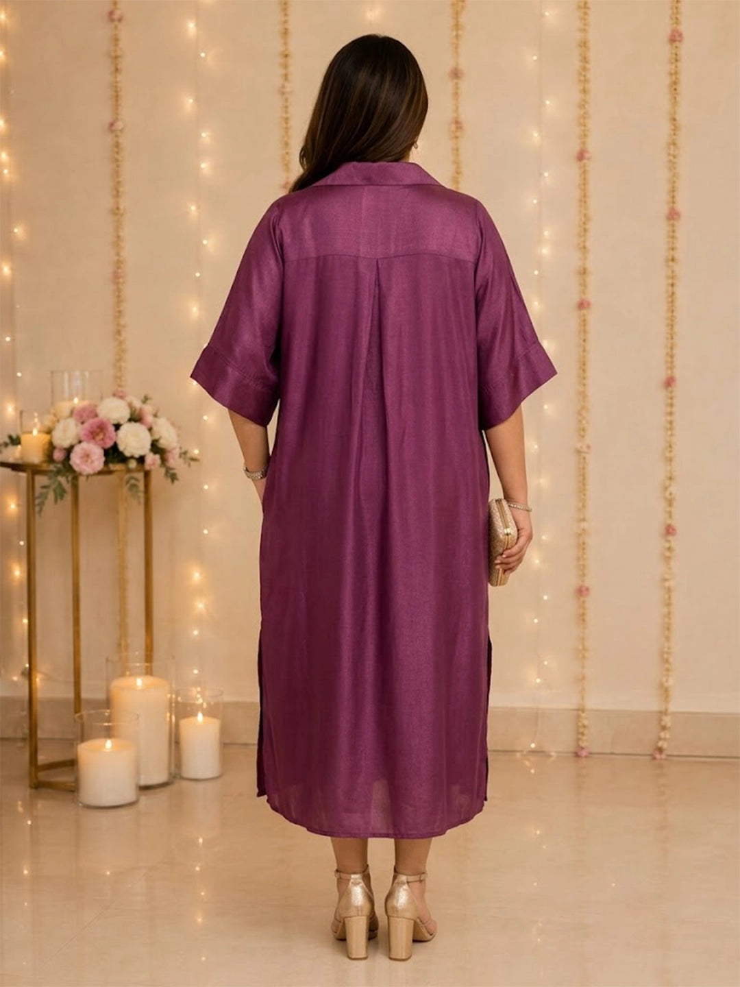 wine silk dress — close-up detail