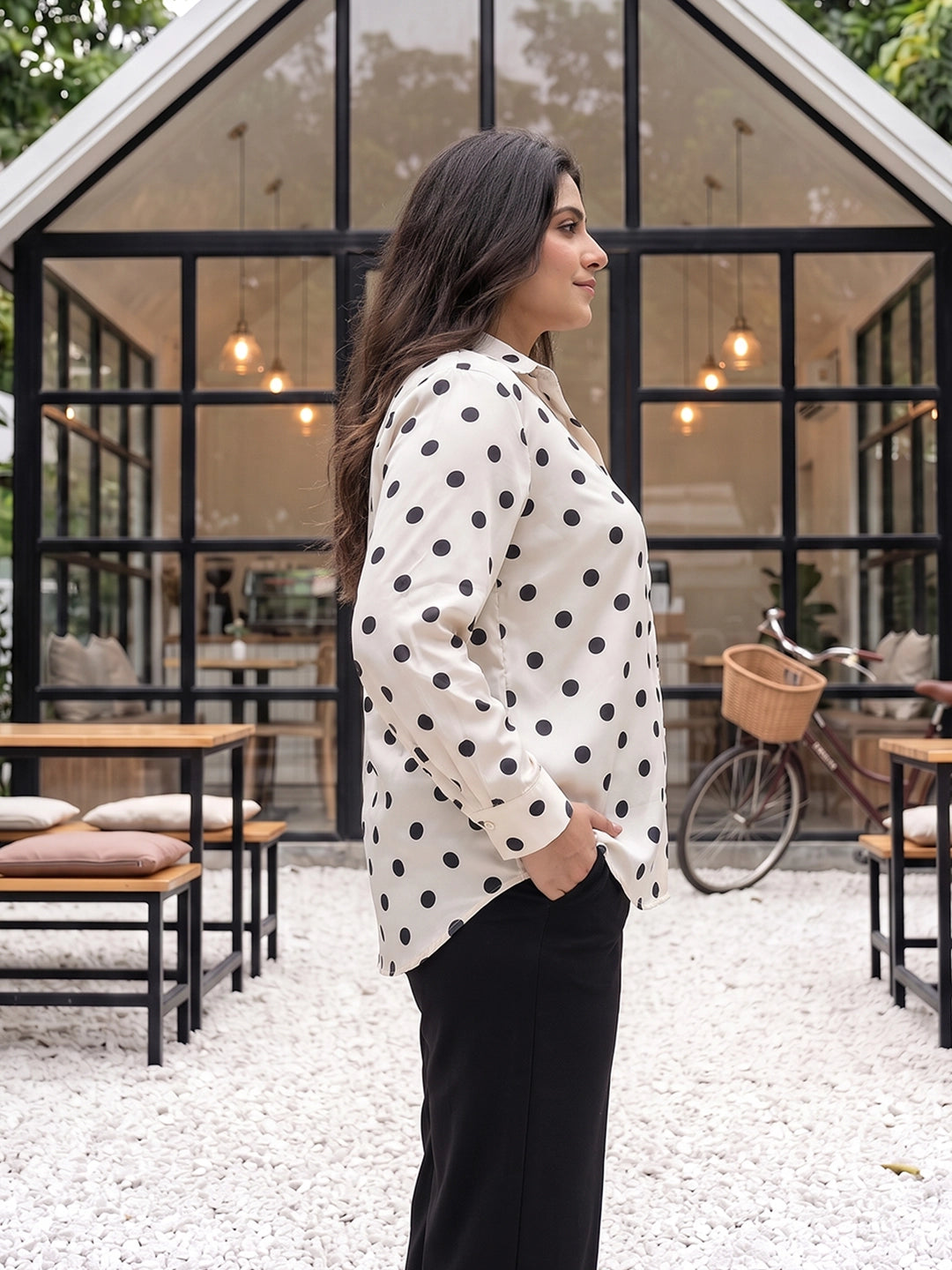 black polka satin shirt — back view