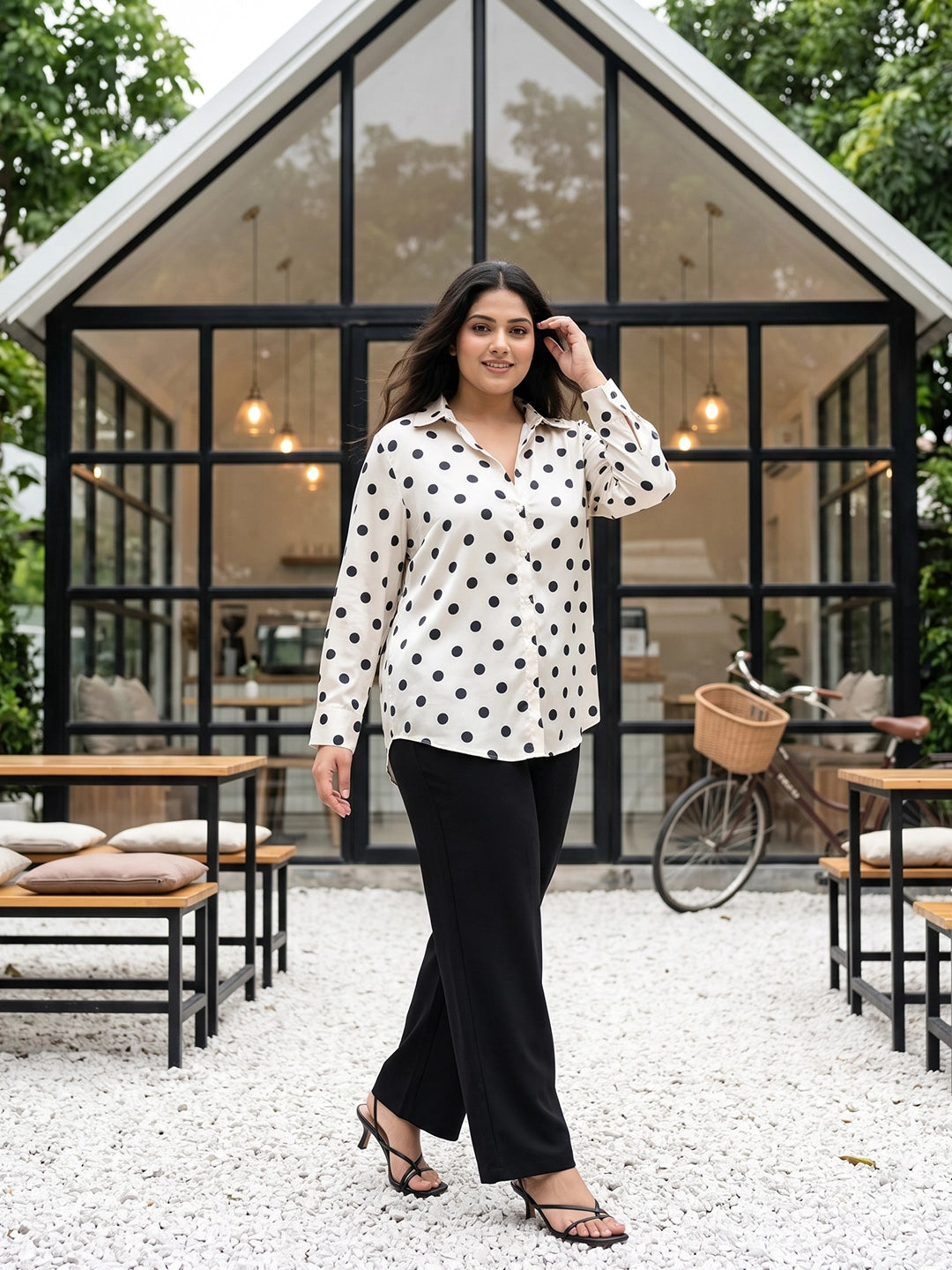 black polka satin shirt — styled look