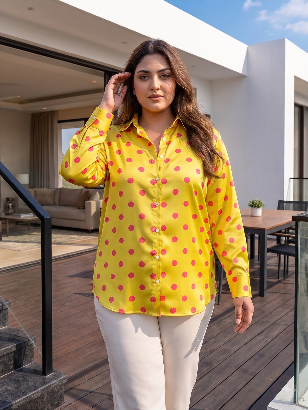 yellow polka satin shirt for women in sizes XXS to 5XL