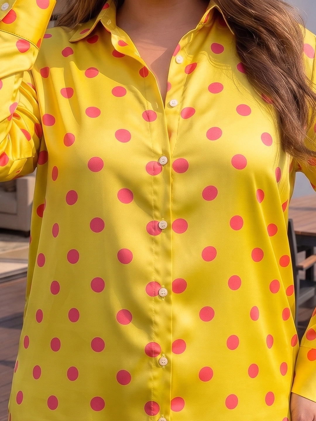 Yellow & pink polka satin shirt