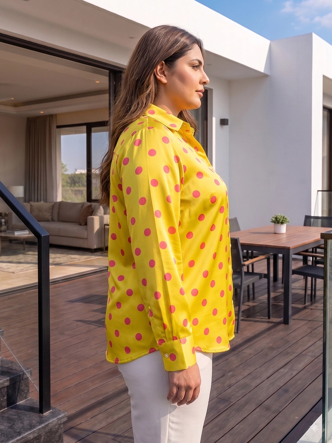 yellow polka satin shirt — back view