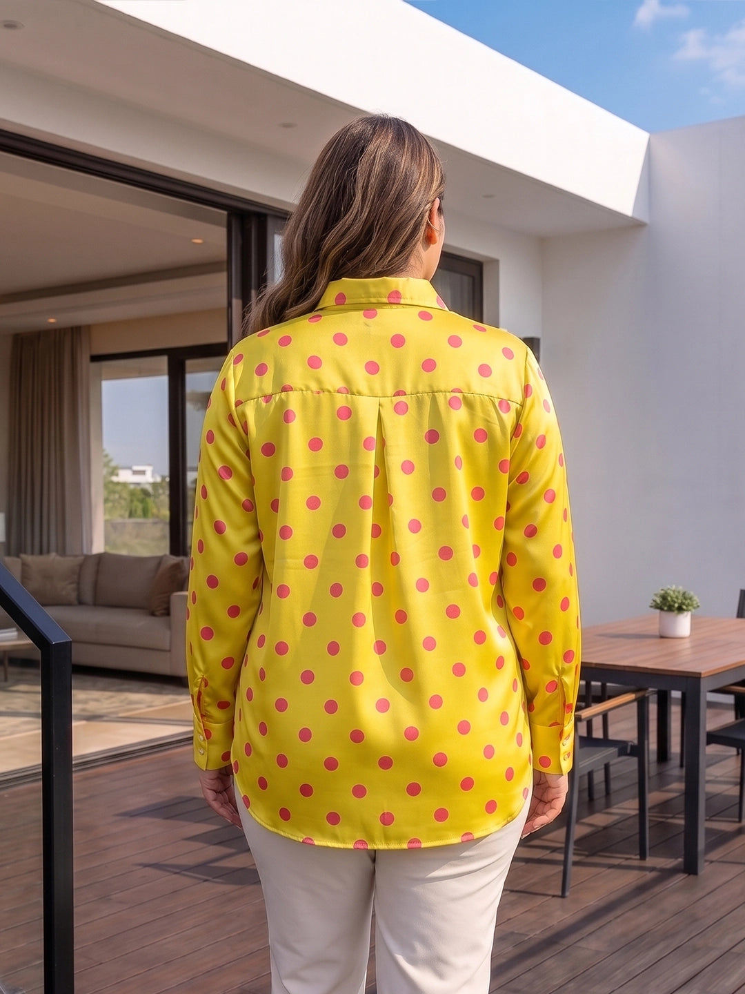 yellow polka satin shirt — close-up detail