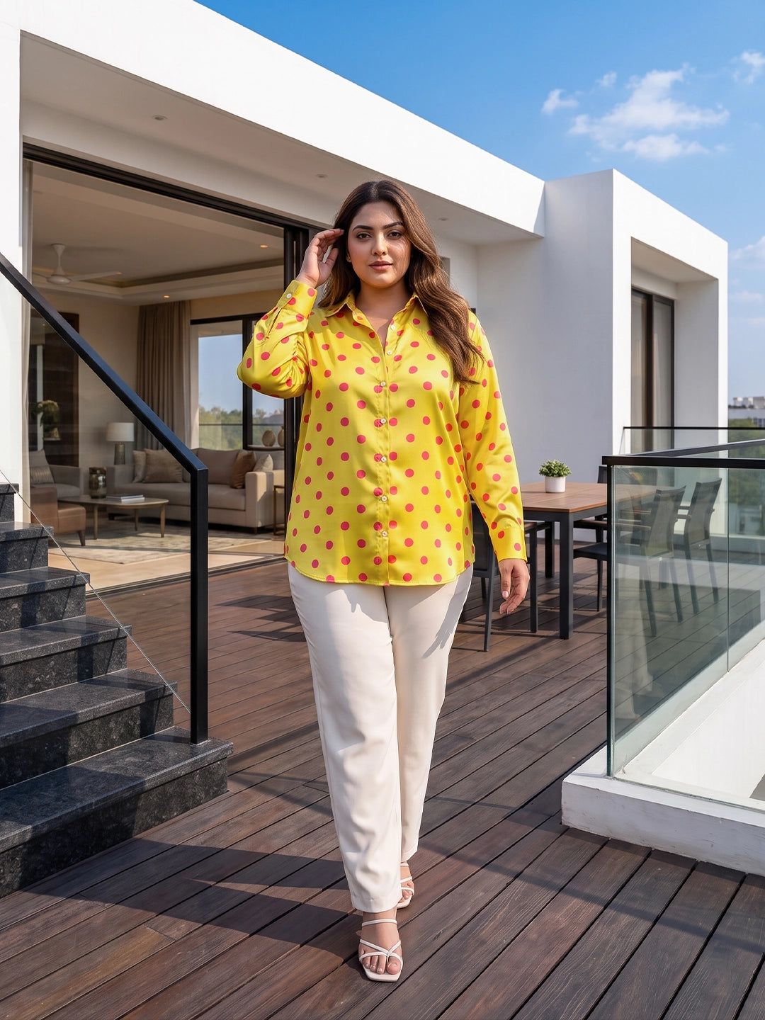 yellow polka satin shirt — styled look