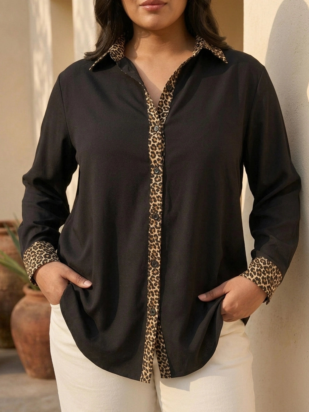 Black animal print placket shirt