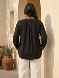 black crepe shirt — close-up detail