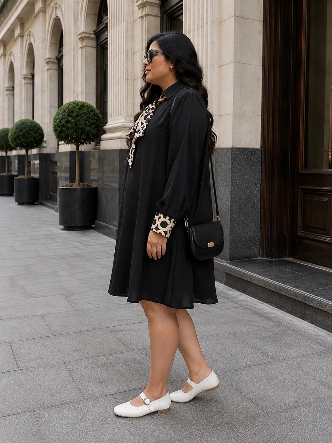 black moss crepe dress — back view
