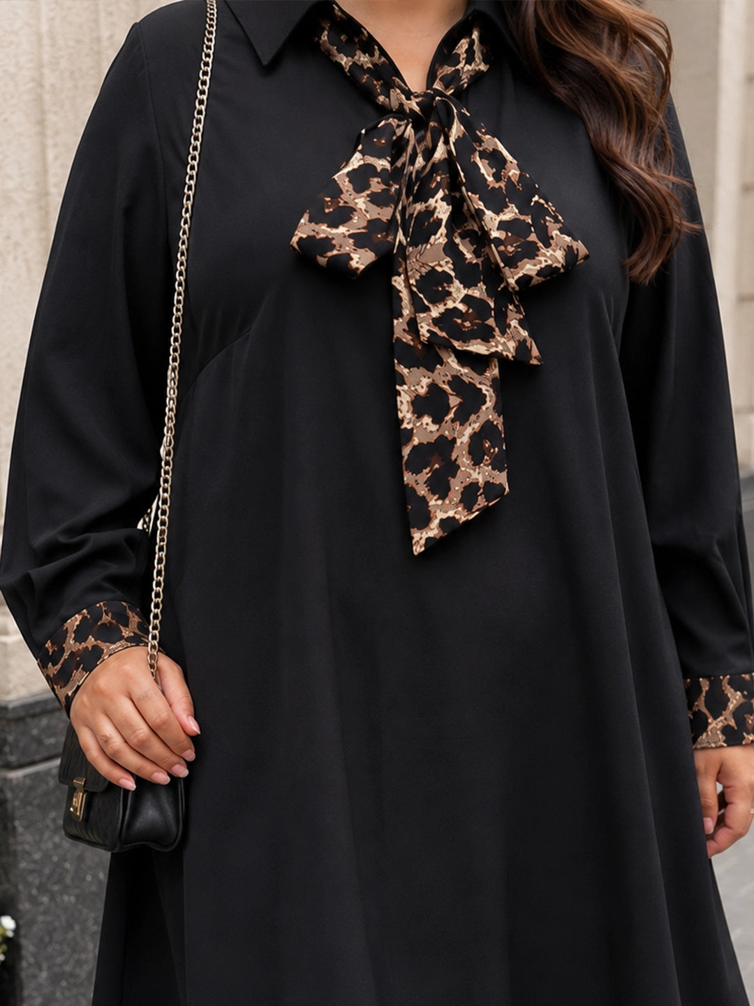 Animal print tie neck A-line dress