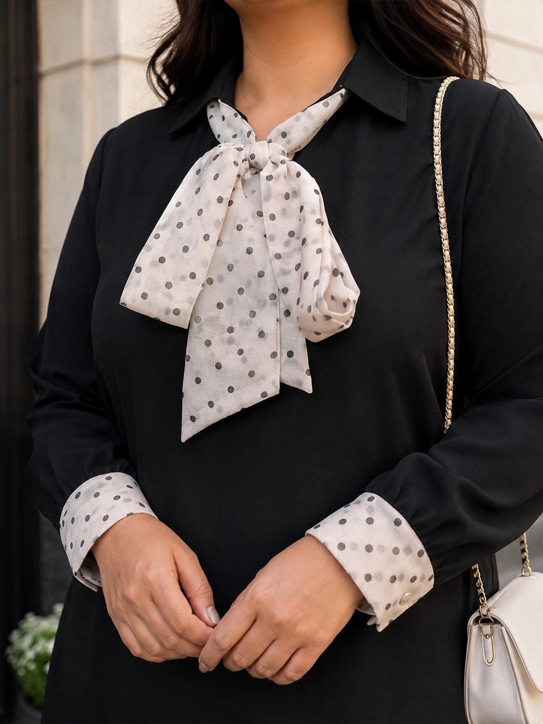 Black polka dot tie neck A-line dress