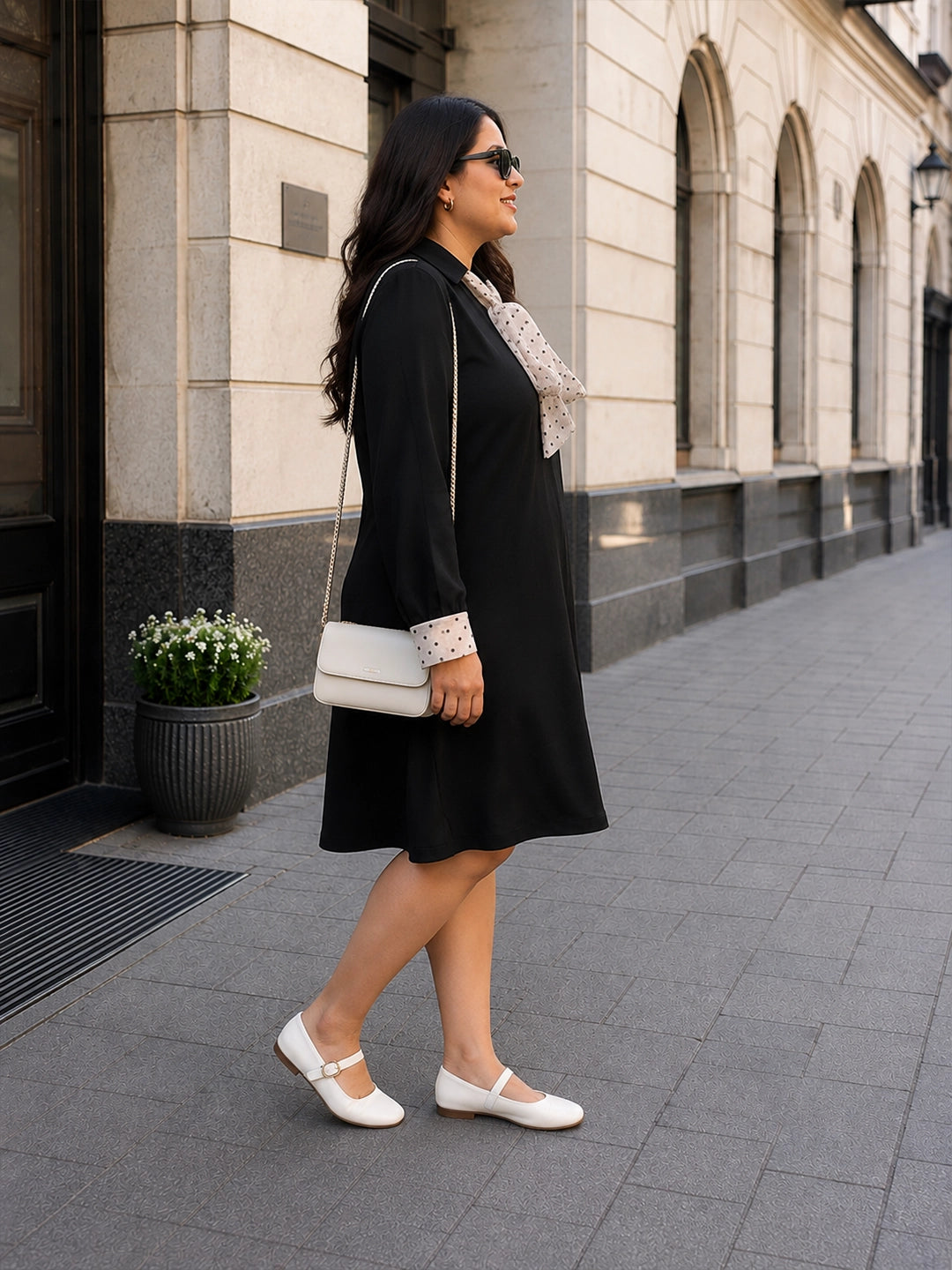 black moss crepe dress — back view