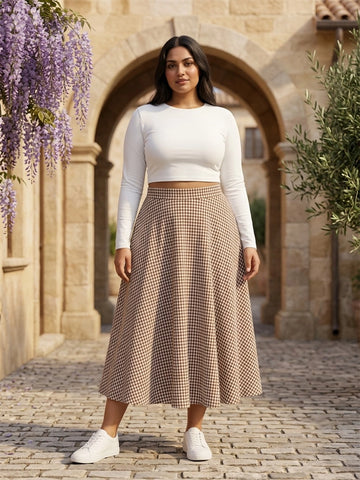 Brown Gingham A-Line Skirt