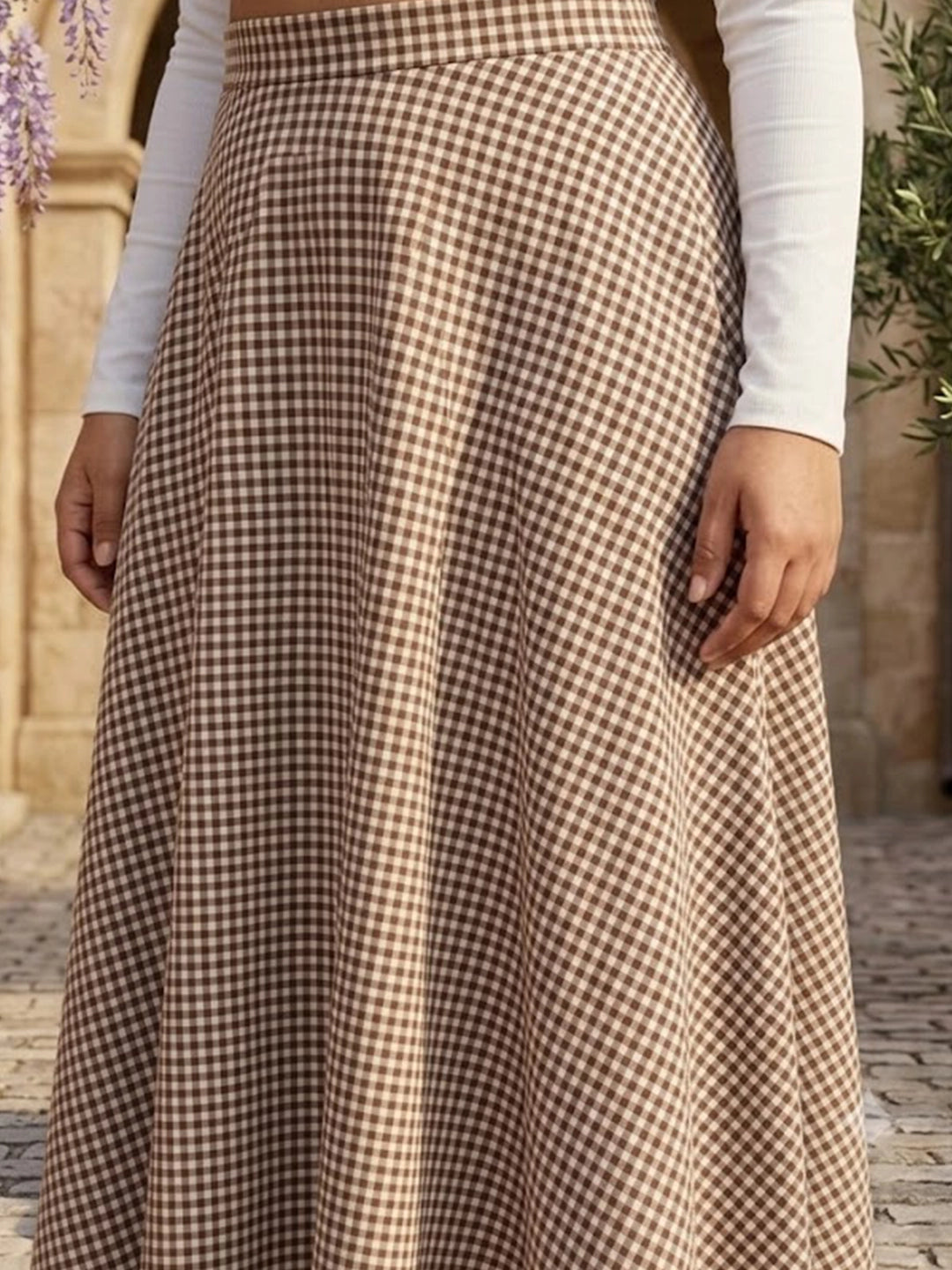 Brown Gingham A-Line Skirt