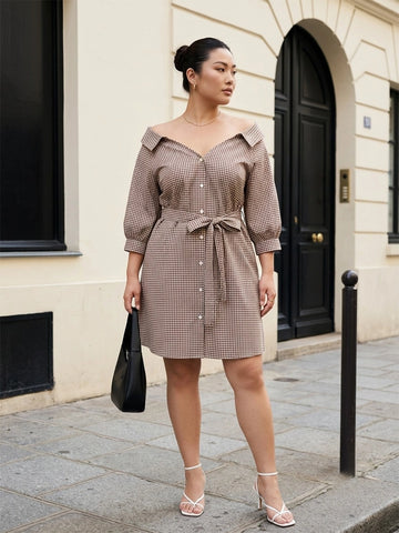 Brown gingham wide collared dress with belt
